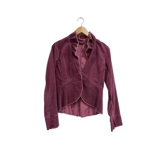 Louie Womens Plum Purple Corduroy Ruffle Blazer Y2K Frayed Hem Jacket Size 8
